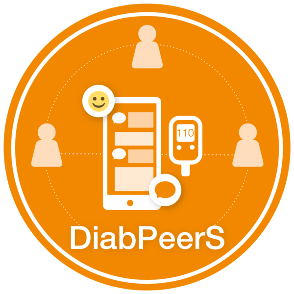 Logo DiabPeerS: Grafik mit Personen-Icons und einem Mobiltelefon mit Chat-Symbolen