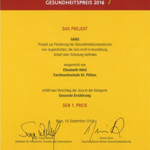 Projekt GAAS erh&auml;lt den Wiener Gesundheitspreis (1. Preis) im Festsaal des Wiener Rathauses (19. September 2016) | Foto: Wiener Gesundheitsf&ouml;rderung